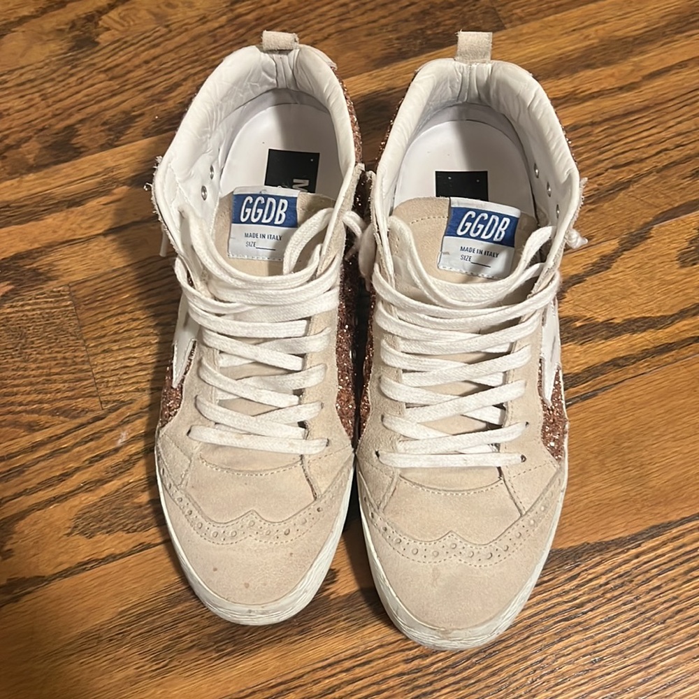 Golden Goose Mid Star sneakers with pink-gold glitter - barely worn! Size 39